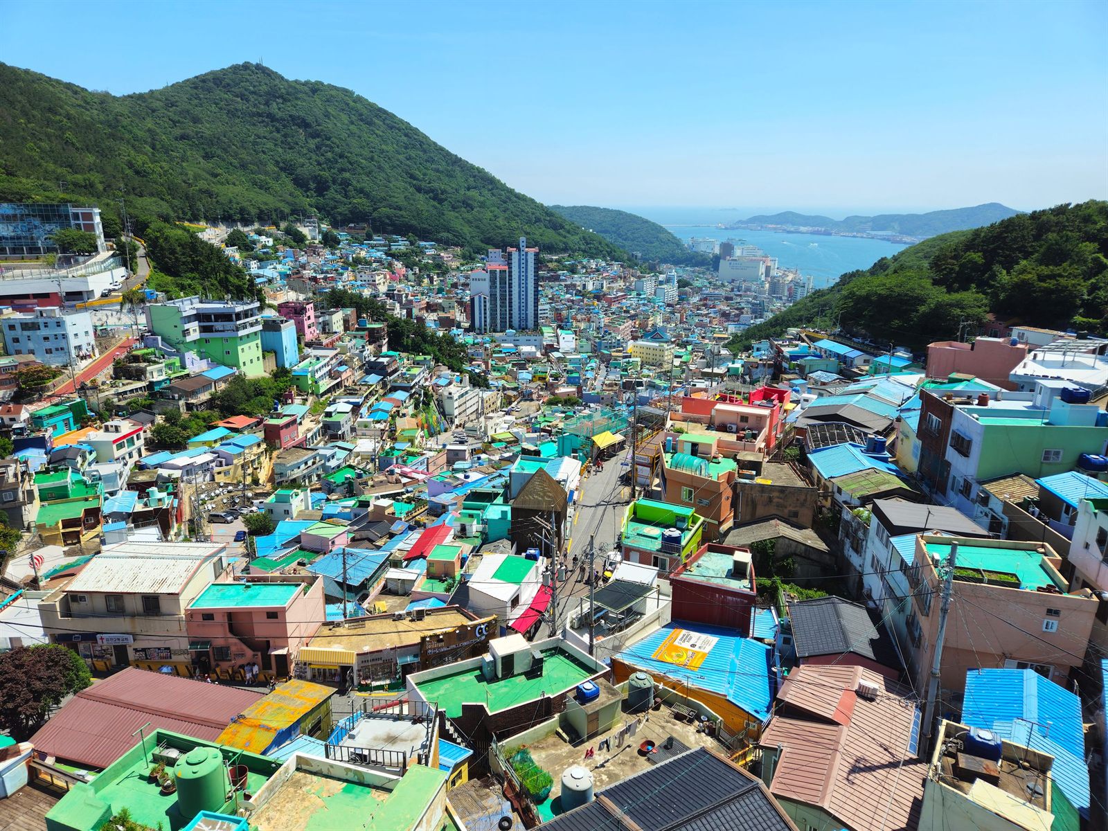 Colorful hillside houses of Gamcheon village above the sea in Busan, South Korea